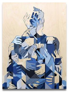 an abstract painting of a man holding his hands up to his face, in blue tones