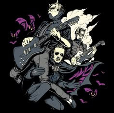 two men with guitars and bats on their backs, one is wearing a black shirt