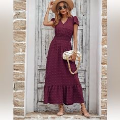 Elevate Your Bohemian Style With This Prettygarden Swiss Dot Maxi Dress. The Wine Red Color And Ruffled Accents Add A Playful Touch To This V-Neck Short-Sleeved Dress. Perfect For Any Occasion, The Tiered Design And Bohemian Theme Will Make You Stand Out In The Crowd. Made With High-Quality Materials, This Dress Is A Must-Have Addition To Any Wardrobe. Swiss Dot Dress, Wine Red Color, Bohemian Theme, Sleeved Dress, Tiered Maxi Dress, Swiss Dot, Virtual Closet, Neck Ruffle, Boho Women