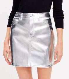 We merged luxe metallic faux leather with denim skirt-inspired styling for an effortlessly modern and structured must-have. Front zip with button closure. Belt loops. Five pocket styling.,Imported:Imported,Fit:Fit: Shift - fits straight and relaxed,Length:18 1/2" long,Fabrication:Shell: 100% Polyester with Polyurethane Coating, Lining: 100% Polyester,Garment Care:Machine Washable Loft Tall Metallic Faux Leather Five Pocket Mini Skirt Silver Metallic Women's by Loft Size Regular - One Size Silver Metallic Women's Shift, Skirt, Shell:, 100%, Polyester, with, Polyurethane, Coating, Lining:, 100%, Polyester, Machine, Washable Tall Skirt, Silver Skirt, Metallic Skirt, Scarf Sale, Petite Skirt, Grey Outfit, Blazer With Jeans, Sweater Sale, Dress With Cardigan