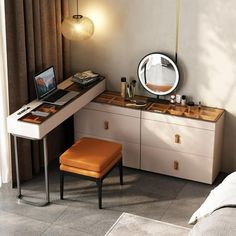 a bedroom with a desk, mirror and stool