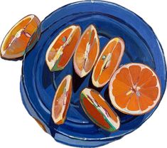 an orange cut in half on a blue plate