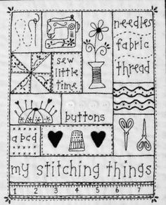 a black and white drawing with words on it that says, my stitching things