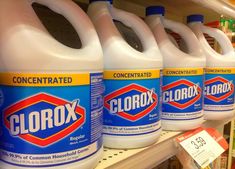 several gallon jugs of clorox liquid on a store shelf