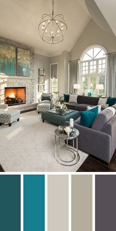 a living room filled with furniture and a fire place in the middle of it's walls