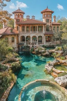 a large house with a pool in front of it