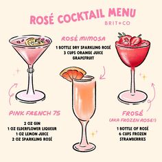 the different types of cocktails are shown in this drawing, which includes pink and orange drinks