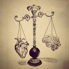 a drawing of two human heart and brain on a balance scale, with one being weighed