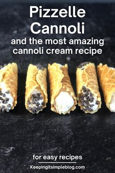 four pieces of pizza sitting on top of a black counter next to the words, pizzle cannoli and the most amazing cream recipe