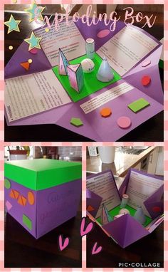 an open box with paper cut out and colored shapes