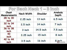 a table with numbers and measurements for back neck 3 inch to 4 inch chest width