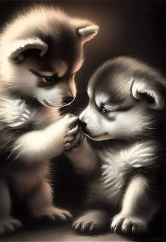 two puppies playing with each other on a black and white background, one is biting the other's nose