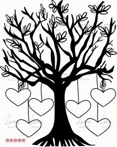 a tree with hearts hanging from it's branches and the words i love you written in