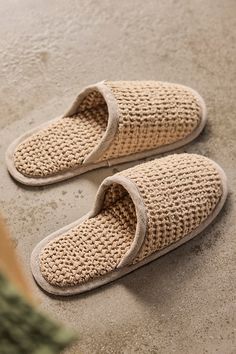 Handmade in Lithuania from a luxurious linen blend with a plush waffle texture, these slippers are a cozy indulgence for lazy mornings and long evenings spent at home. | Waffle Weave Slippers in Beige, Size: Small at Terrain Guest Slippers Front Doors, Casual Textured Slip-on Slippers, Cozy Soft Texture Slip-on Slippers, Brown Textured Winter Slippers, Waffle Slippers, Beige Non-slip Indoor Slippers, Diy Care Package, Linen Slippers, Easy Crochet Slippers