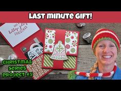 a woman wearing a knitted hat and scarf next to some christmas cards with the words last minute gift