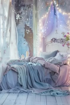 a white bed sitting in a bedroom next to a window covered in curtains and lights