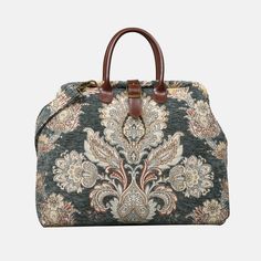 Baroque Garden Grey Carpet Handbag Purse – MCW CARPETBAGS Travel Bag With Rolled Handles, Travel Handheld Bag With Rolled Handles, Handheld Travel Bag With Rolled Handles, Elegant Tote Travel Bag, Elegant Tapestry Bags For Everyday Use, Elegant Satchel Weekender Bag, Tapestry Travel Satchel Bag, Elegant Tapestry Bags With Detachable Handle, Elegant Tapestry Shoulder Bag With Leather Handles