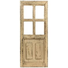 an old wooden door with four panes on the top and bottom, against a white background