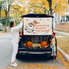 At Wellspring Word, we strive to make beautiful products that help each customer draw closer to the Lord. A Halloween Trunk or Treat tapestry is a fun and easy way to decorate your car or SUV. The flag banner can also be folded easily and reused year after year. Quick & simple!  If you are ordering for Trunk or Treat, please be sure to measure the size of where you want it hung in your vehicle to ensure it will be a proper fit. The display photos can't accurately portray an exact example for how these tapestries will look on every make & model vehicle.  If you have a theme in mind but don't see a specific banner here to match, please reach out and we would love to help bring your vision to life! |  D E T A I L S  | + Only made upon ordering. If you have a change request, please reach out B Trunk Or Treat Backdrop, Photo Booth Trunk Or Treat, Cowboy Trunk Or Treat, Bible Story Trunk Or Treat Ideas, Christian Themed Trunk Or Treat Ideas, Christian Halloween Decor, Christian Trunk Or Treat Ideas For Cars, Christian Trunk Or Treat Themes, Church Trunk Or Treat Ideas