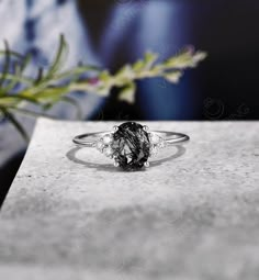 a black and white diamond ring sitting on top of a table next to a plant