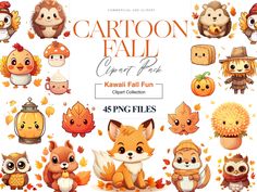 the cartoon fall clipart pack includes cute animals, leaves and pumpkins for each character