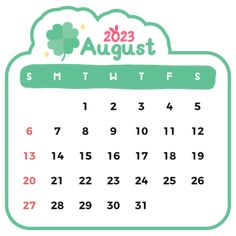 a calendar for the month of august with shamrocks and stars on it, as well as