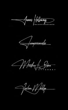 four different types of handwriting on a black background with white ink and the words, james hollywood