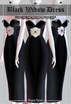 black widow dress by regina raven for the simse dollhouse game, featuring three different styles