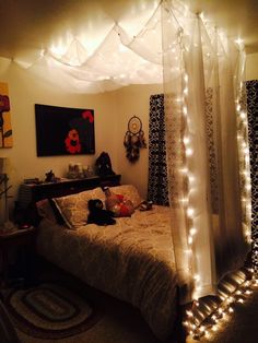 a bed with lights on the headboard and canopy over it