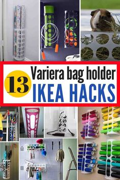 there is a collage of different items in this photo and the title says, variera bag holder ikea hacks