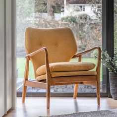 Chic Ochre Oak Armchair – Modern Design & Plush Comfort Garage Playroom, Lounge Inspiration, Oak Plywood, Mid Century Modern Armchair, Oak Armchair, Wooden Armchair, Linen Armchair, Reception Room, Mid Century Armchair