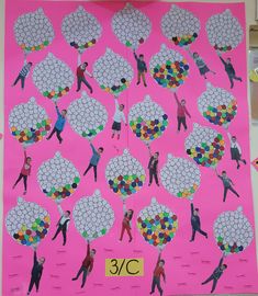 a pink poster with people and circles on it that says 3 / 6c in the center