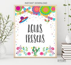 a poster with the words aquas frescas on it next to some books