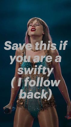 a woman in a bodysuit with the words save this if you are a swifty follow back