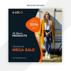 a woman standing in front of an rv with the text, up to 30 % off weekend mega sale