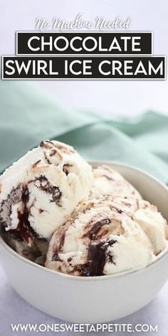 two scoops of chocolate swirl ice cream in a white bowl with text overlay