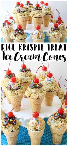 rice krispy treat ice cream cones with sprinkles and cherries on top