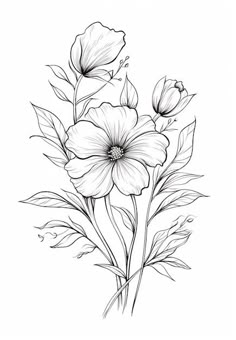 some flowers that are drawn in black and white