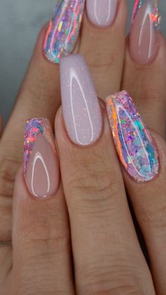 Colorful Glitter Nails Acrylic, Nails Gelx Ideas, Glitter Beach Nails, Vacation Inspired Nails, Nail Ideas With Glitter Sparkle, Cool Gel Nail Designs, Colour Nail Designs, Summer Nails Glitter, Summer Glitter Nails