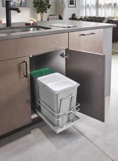 a trash can is in the middle of a kitchen cabinet with a sink and countertop