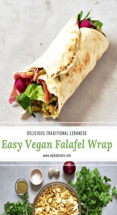 an easy vegan falafel wrap is cut in half and ready to be eaten