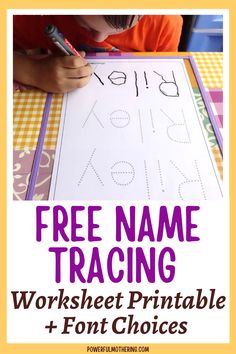 a young child is writing on a sheet with the words, free name traceing worksheet printable and choices