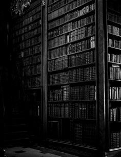 black and white photograph of bookshelves in a library