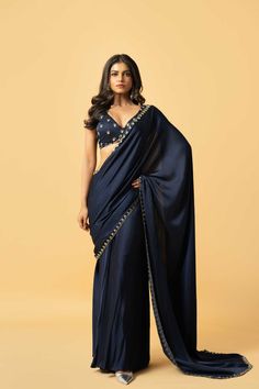 Black georgette saree with hand embroidered blouse Blouse Modal, Saree Sleeveless, Blouse Hand Embroidery, Mirror Work Saree Blouse, Black Georgette Saree, Pre Draped Saree, Farewell Sarees, Navy Blue Saree, Black Embroidered Blouse