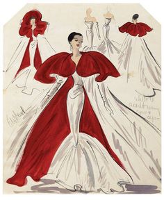 a drawing of a woman in a red and white dress with capes on her head