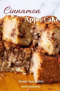 cinnamon apple cake is cut into squares on a cutting board with the title overlay