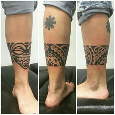 three pictures of different tattoos on the legs