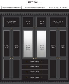 an image of a closet with measurements for the doors and drawers on it's sides