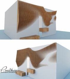 two different views of a building made out of wood and white paper with wavy lines on the side