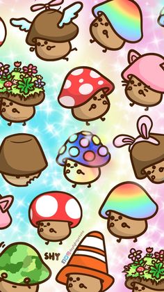 many different types of mushrooms on a blue and pink background with rainbows in the background